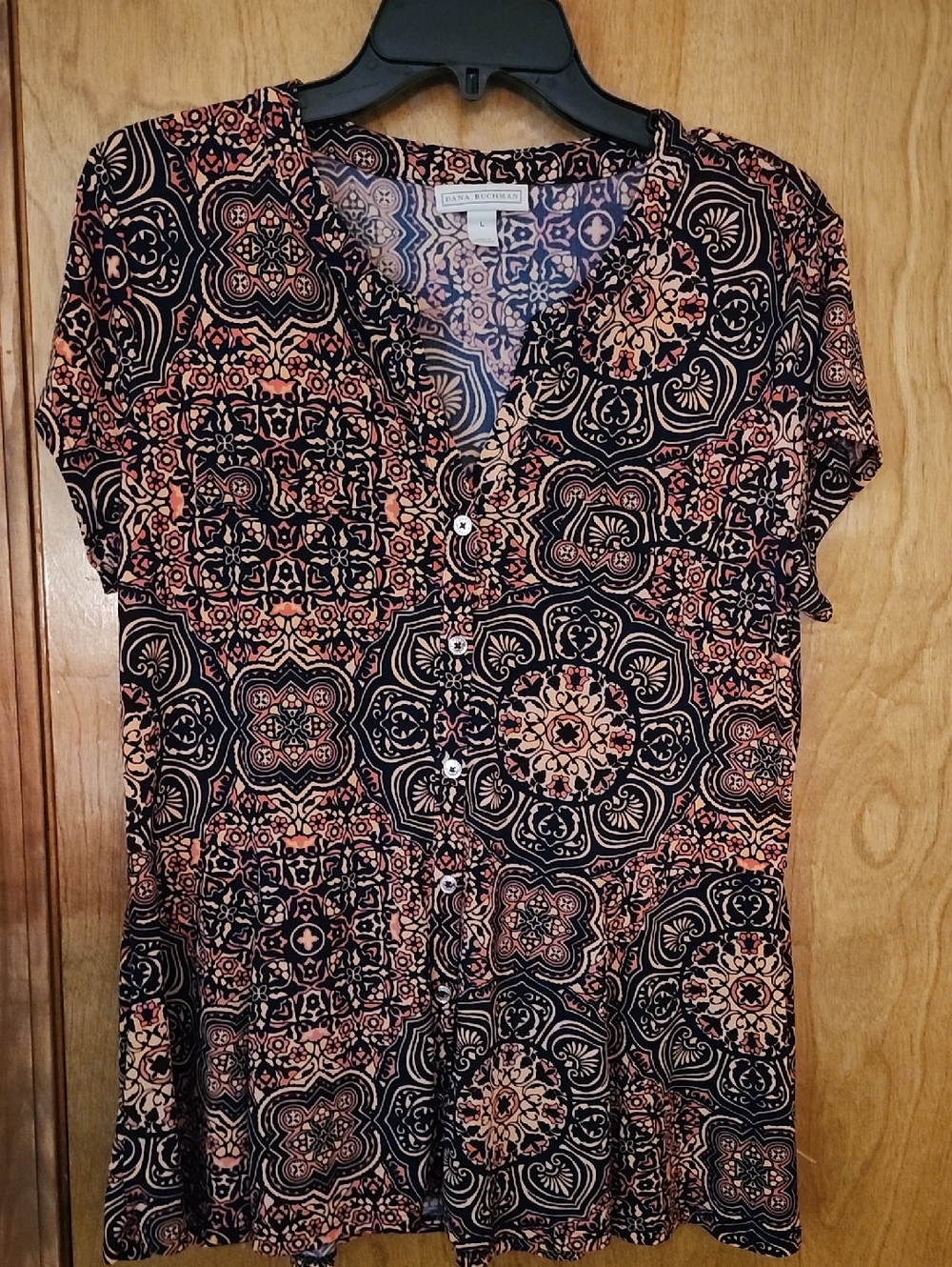 Dana Buchman Black and Orange Patterned Button-Front Blouse